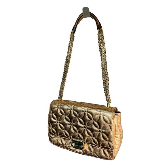New Michael Kors Sloan Gold Chain Quilted Leather Shoulder Bag Rose Gold Shiny - Picture 3 of 16